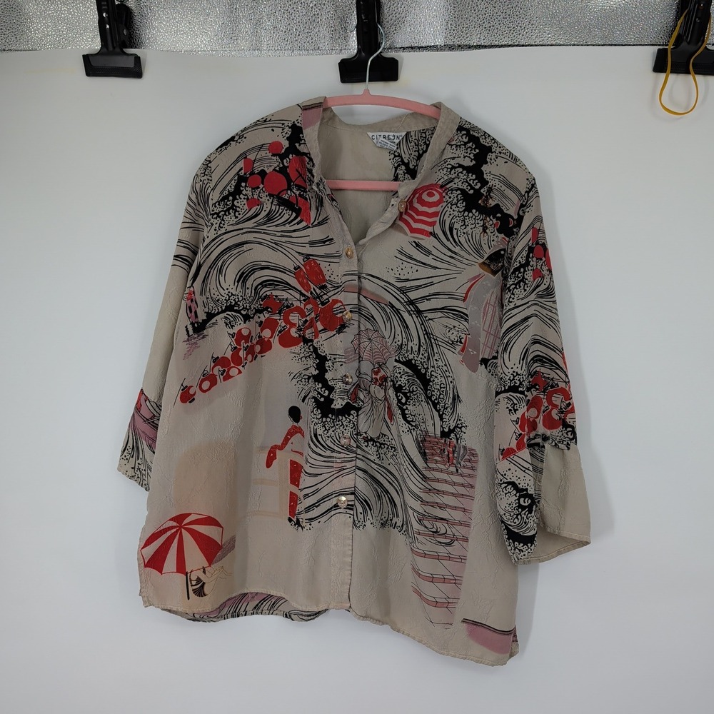 Citron Santa Monica 100% Silk Japanese Wave & Geisha Print Tunic Shirt Blouse X